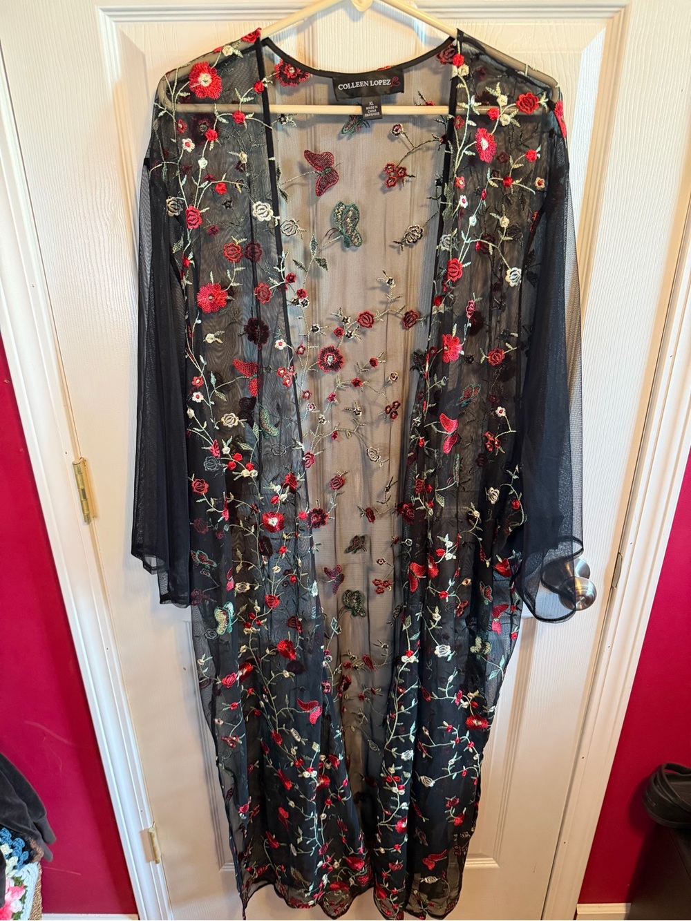 Colleen Lopez Black Sheer Embroidered Floral Kimono Duster Sz XL